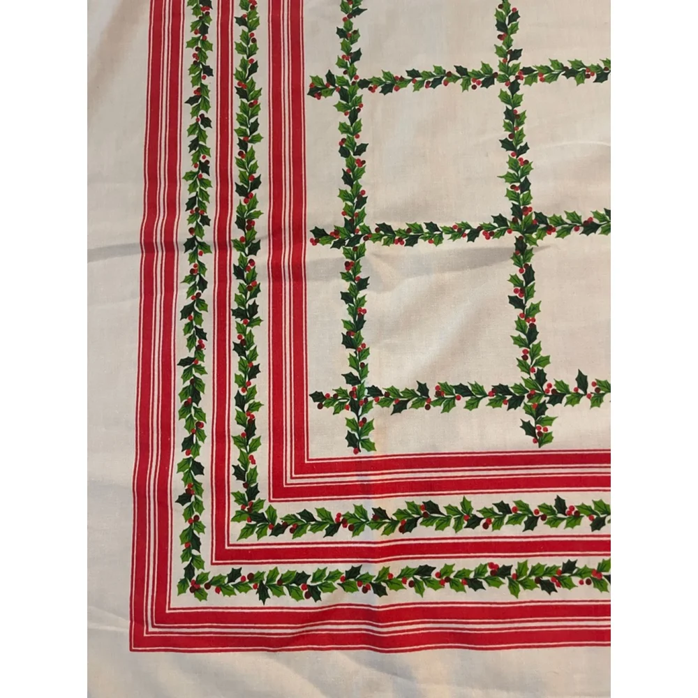 Vintage Christmas Tablecloth 66x50 Holly Berry Red Stripe Border Cotton Blend